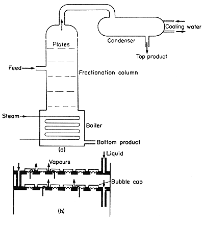 FIG. 9.11 Distillation column (a) assembly, (b) bubble-cap trays